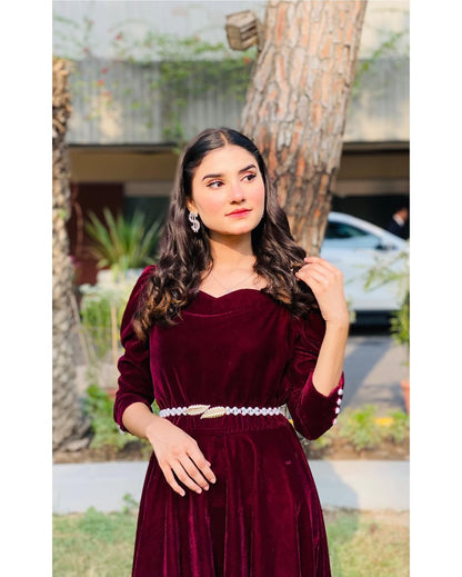 Rouge Velvet - Flared Maroon Velvet Maxi Dress by SEHZA