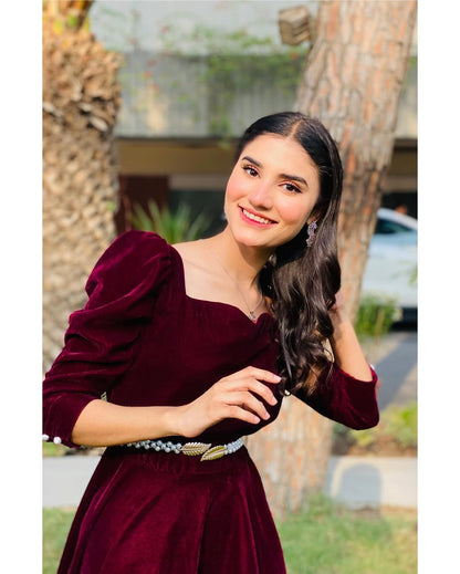 Rouge Velvet - Flared Maroon Velvet Maxi Dress by SEHZA