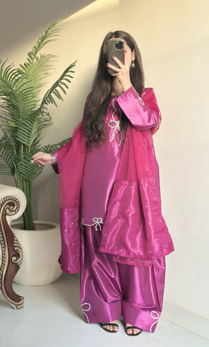 Magenta Bow Glow - Embroidered Shiny Silk 3-Piece Suit in Fuchsia by SEHZA