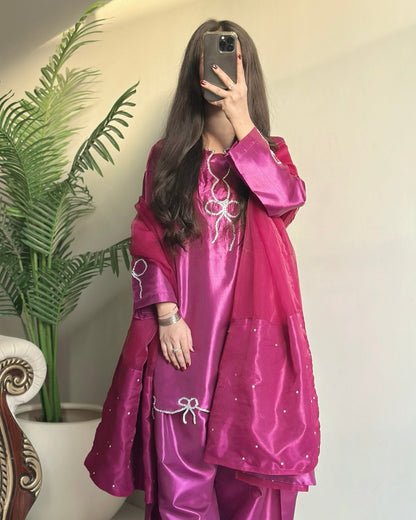 Magenta Bow Glow - Embroidered Shiny Silk 3-Piece Suit in Fuchsia by SEHZA