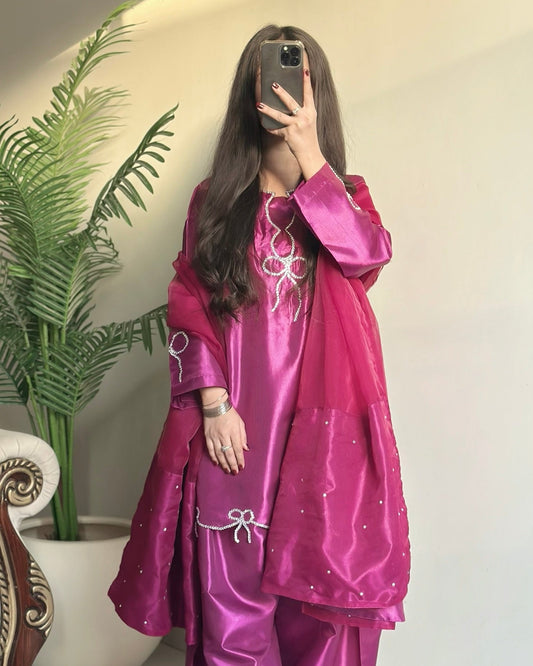 Magenta Bow Glow - Embroidered Shiny Silk 3-Piece Suit in Fuchsia by SEHZA