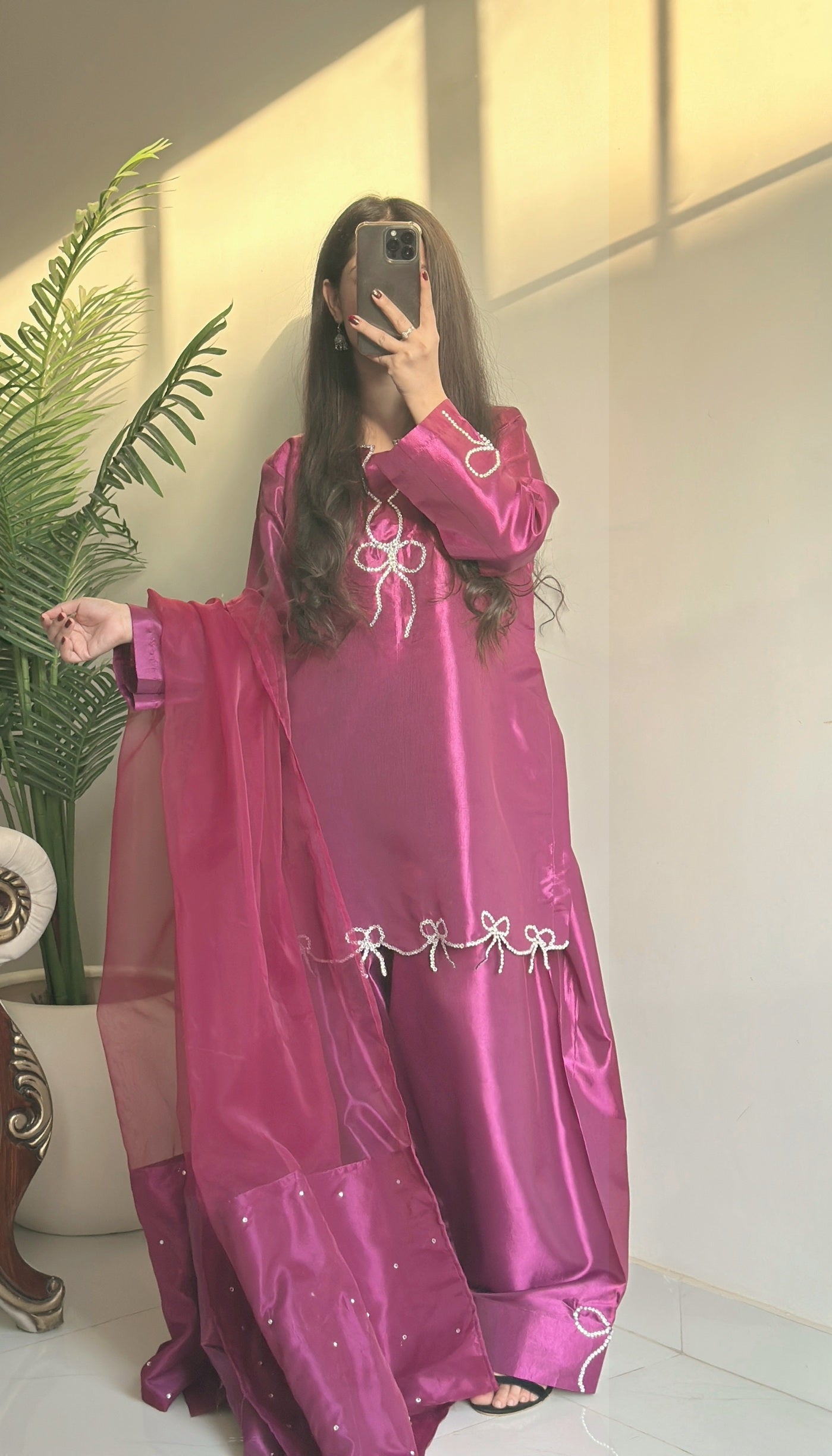 Magenta Bow Glow - Embroidered Shiny Silk 3-Piece Suit in Fuchsia by SEHZA