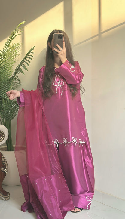 Magenta Bow Glow - Embroidered Shiny Silk 3-Piece Suit in Fuchsia by SEHZA