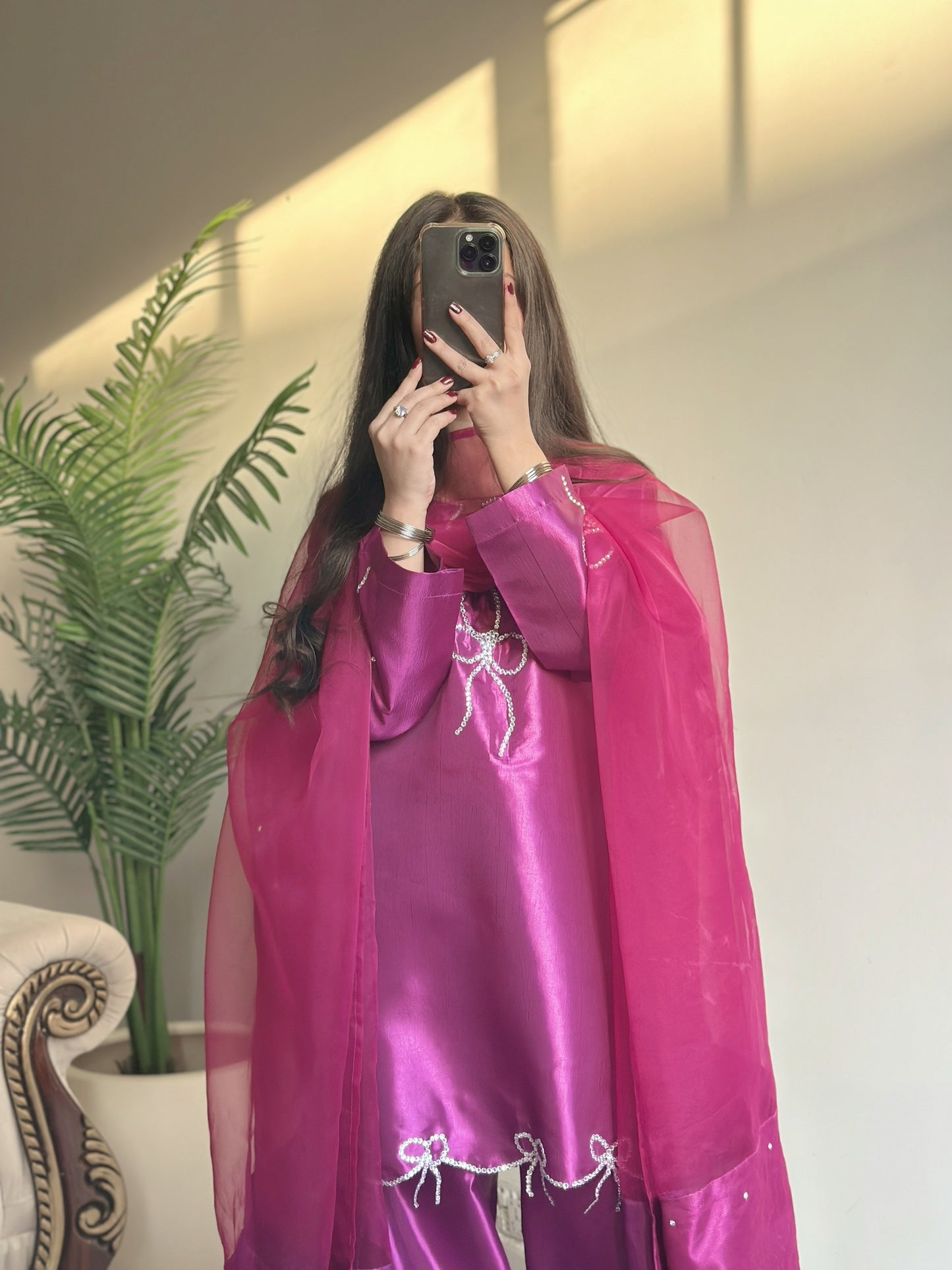 Magenta Bow Glow - Embroidered Shiny Silk 3-Piece Suit in Fuchsia by SEHZA