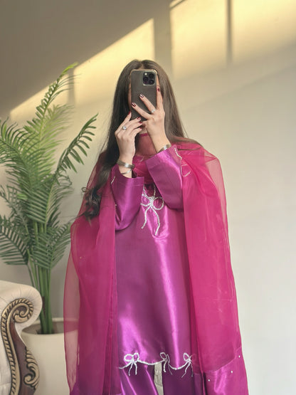 Magenta Bow Glow - Embroidered Shiny Silk 3-Piece Suit in Fuchsia by SEHZA