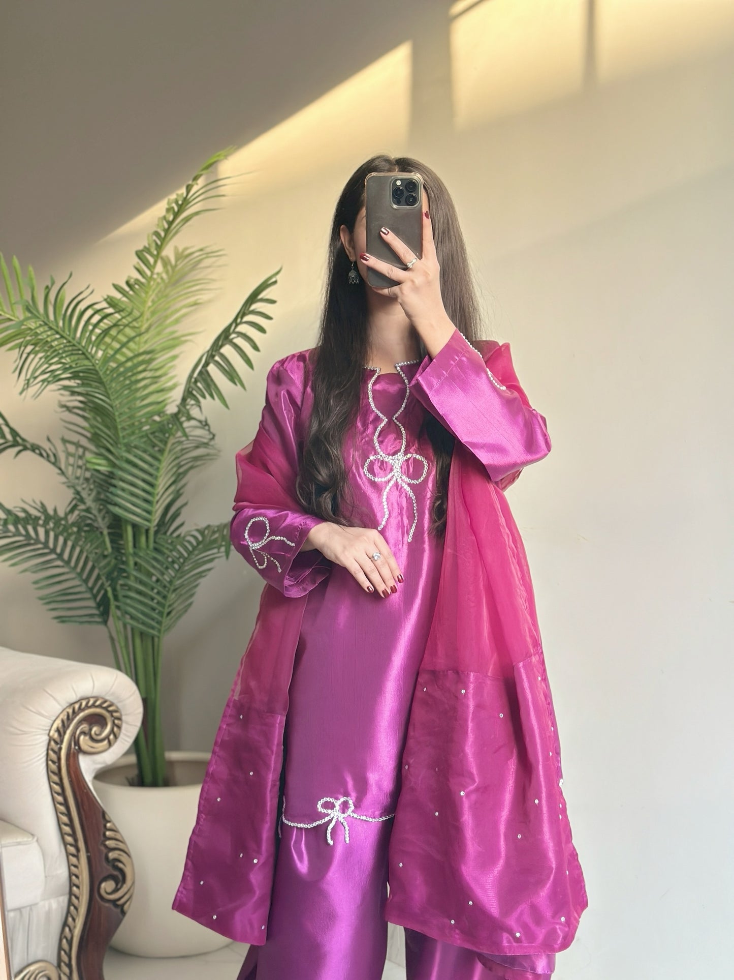 Magenta Bow Glow - Embroidered Shiny Silk 3-Piece Suit in Fuchsia by SEHZA