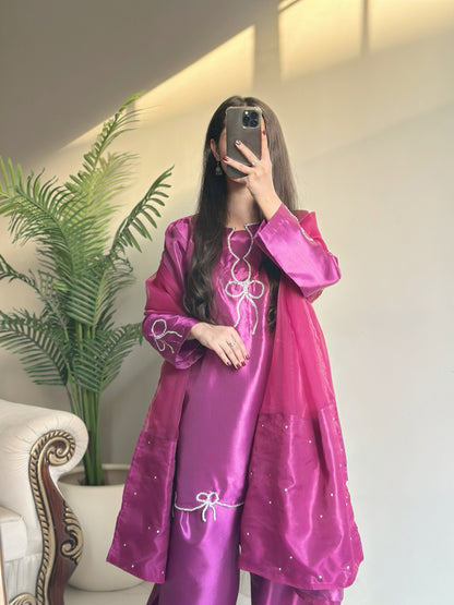 Magenta Bow Glow - Embroidered Shiny Silk 3-Piece Suit in Fuchsia by SEHZA