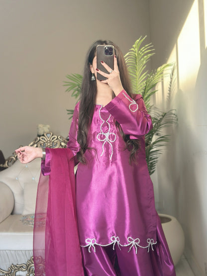 Magenta Bow Glow - Embroidered Shiny Silk 3-Piece Suit in Fuchsia by SEHZA