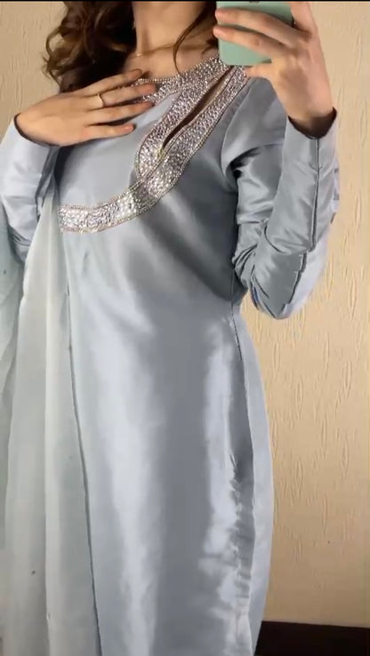 Silky Sophistication - Embellished China Silk 3-Piece Suit by SEHZA