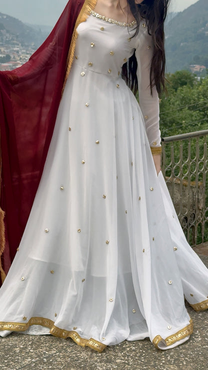 Golden Hour - Georgette Chiffon Anarkali in White & Maroon by SEHZA