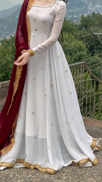 Golden Hour - Georgette Chiffon Anarkali in White & Maroon by SEHZA