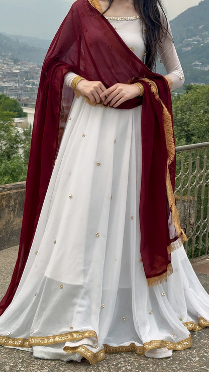 Golden Hour - Georgette Chiffon Anarkali in White & Maroon by SEHZA