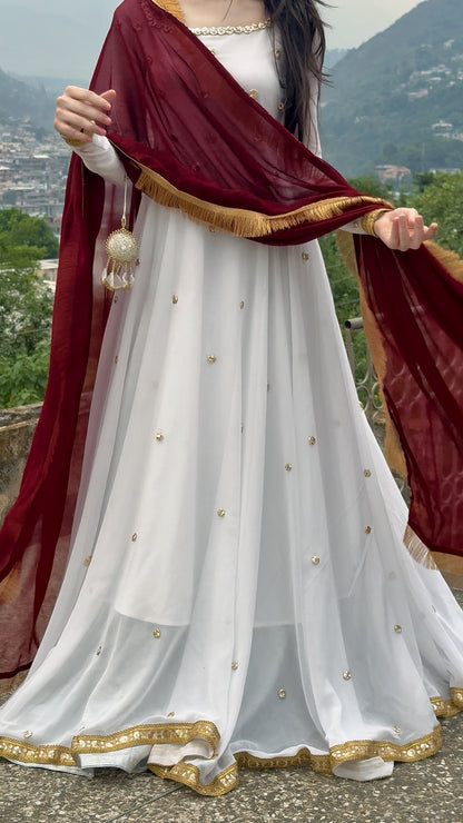 Golden Hour - Georgette Chiffon Anarkali in White & Maroon by SEHZA