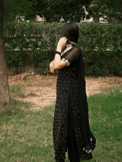 Celeste Black - Chiffon Hand Work Three Piece Long Shirt in Black
