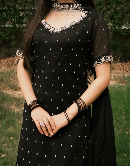 Celeste Black - Chiffon Hand Work Three Piece Long Shirt in Black