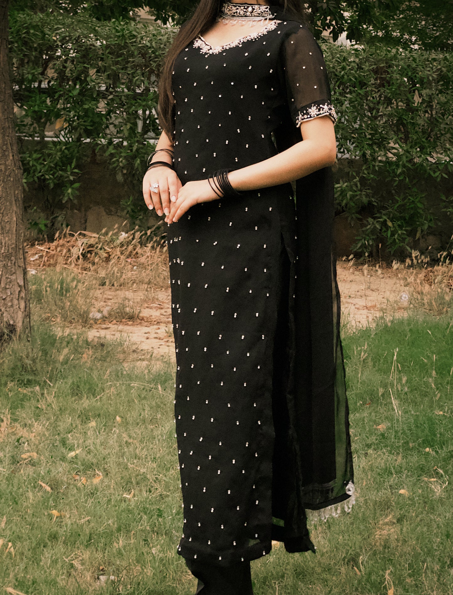 Celeste Black - Chiffon Hand Work Three Piece Long Shirt in Black