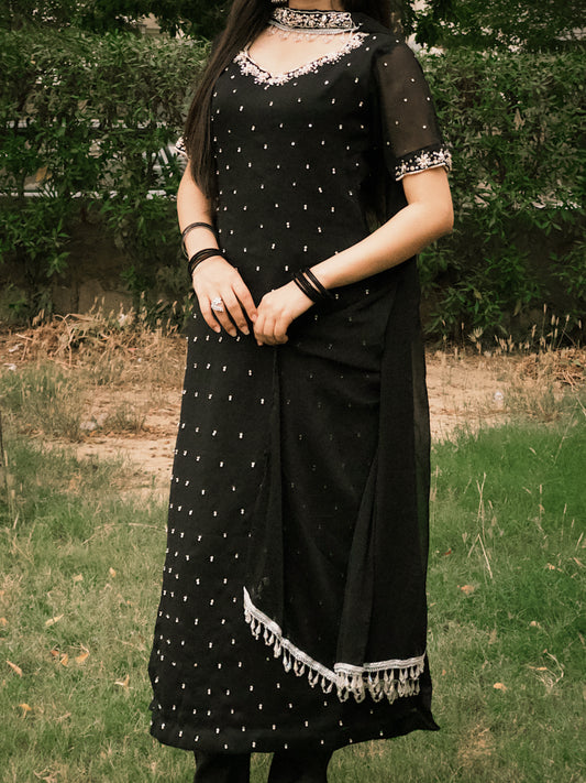Celeste Black - Chiffon Hand Work Three Piece Long Shirt in Black