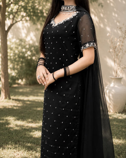 Celeste Black - Chiffon Hand Work Three Piece Long Shirt in Black