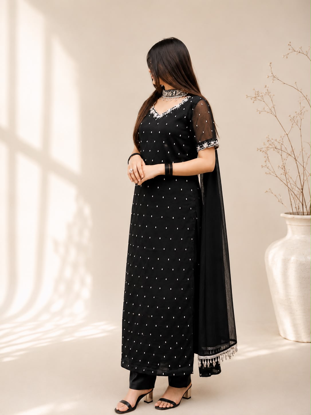 Celeste Black - Chiffon Hand Work Three Piece Long Shirt in Black
