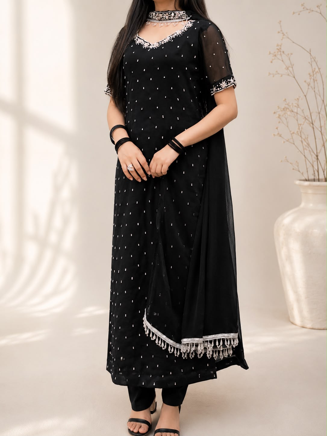 Celeste Black - Chiffon Hand Work Three Piece Long Shirt in Black
