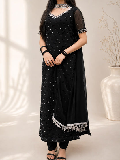 Celeste Black - Chiffon Hand Work Three Piece Long Shirt in Black