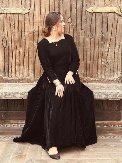 Zoya - Quiet Luxury Velvet Maxi Dress in Black by SEHZA