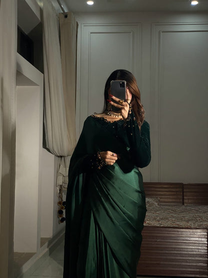 Inaya - Ready-to-Wear Silk Saree with Velvet Blouse in Emerald Green by SEHZA