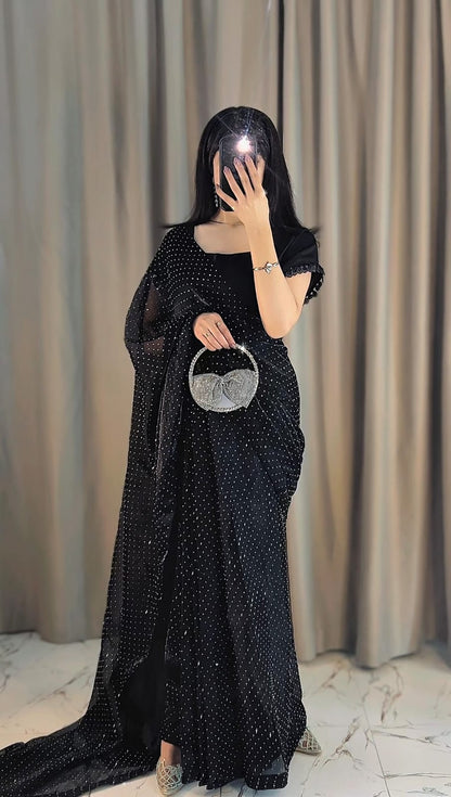 Midnight Glam - Stone-Studded Ready-to-Wear Silk Saree in Black by SEHZA