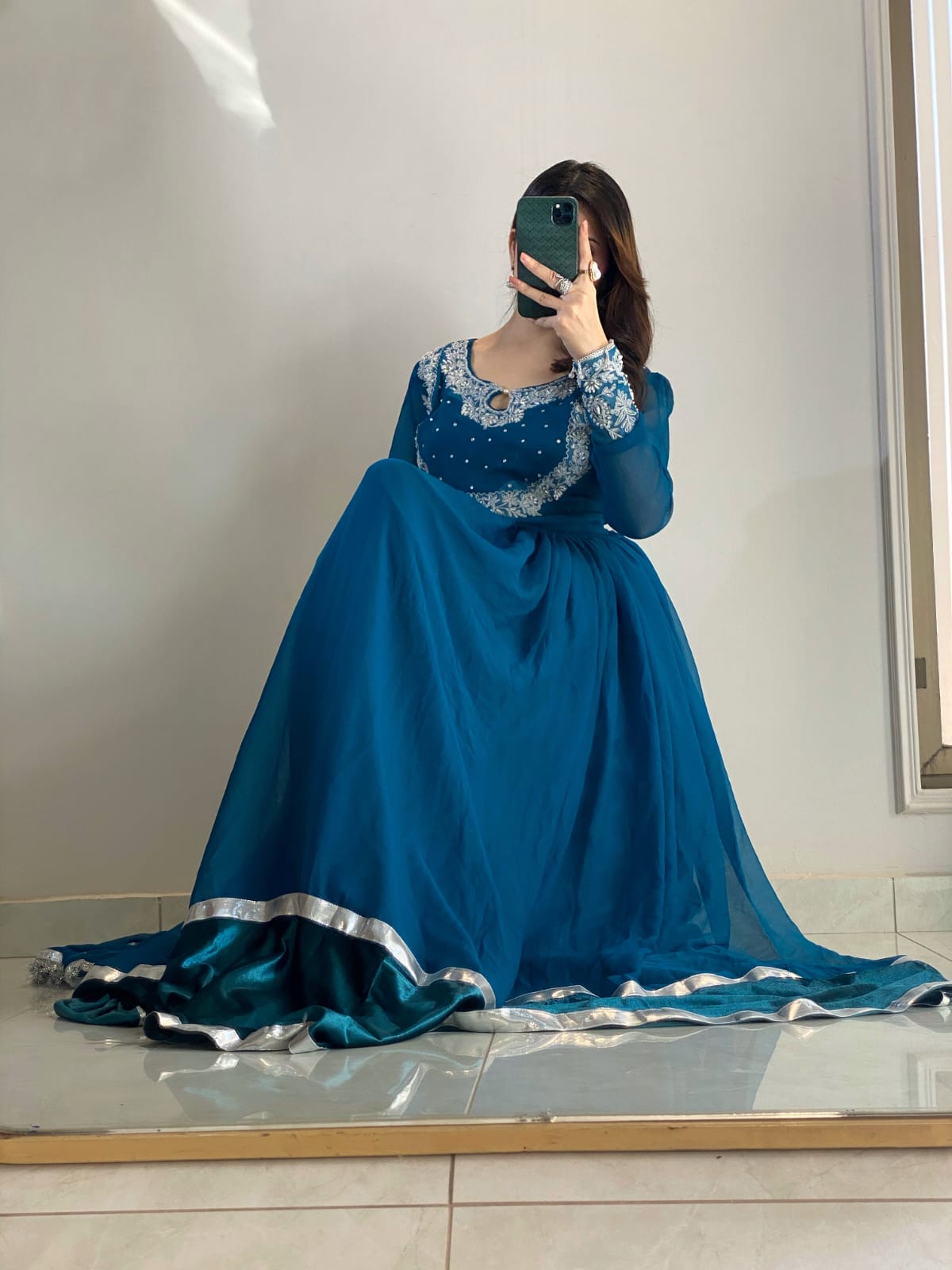 Zoya - Embroidered Chiffon Anarkali Set with Potli Bag in Teal Blue by SEHZA