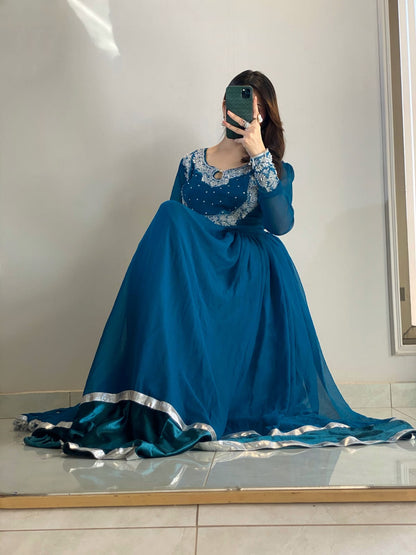 Zoya - Embroidered Chiffon Anarkali Set with Potli Bag in Teal Blue by SEHZA