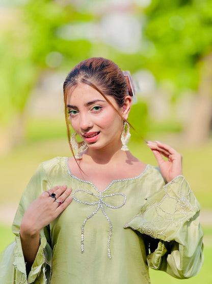 Sage Bloom - Embroidered Kataan Silk 3-Piece Suit in Sage Green by SEHZA