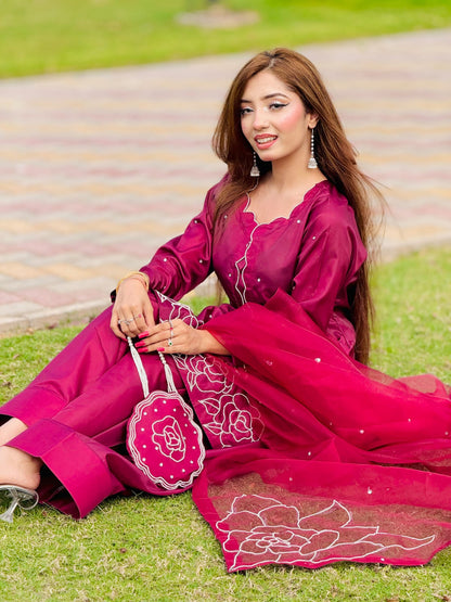 Rosa Crimson - White Embroidered Kataan Silk 4-Piece Suit by SEHZA