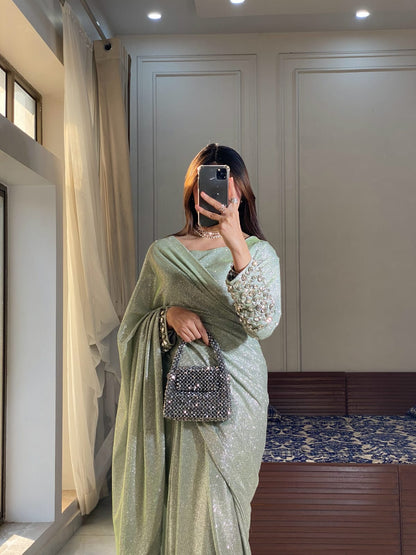 Liana - Ready-to-Wear Shimmer Saree with Embellished Blouse in Mint Green by SEHZA