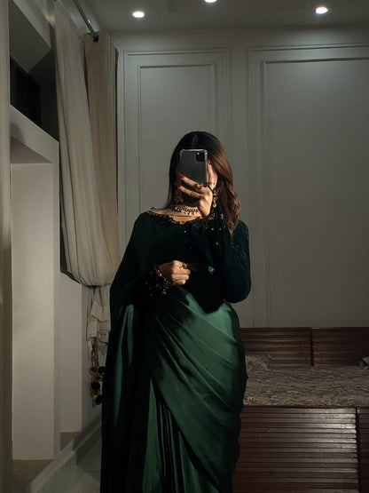 Inaya - Ready-to-Wear Silk Saree with Velvet Blouse in Emerald Green by SEHZA