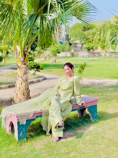 Sage Bloom - Embroidered Kataan Silk 3-Piece Suit in Sage Green by SEHZA