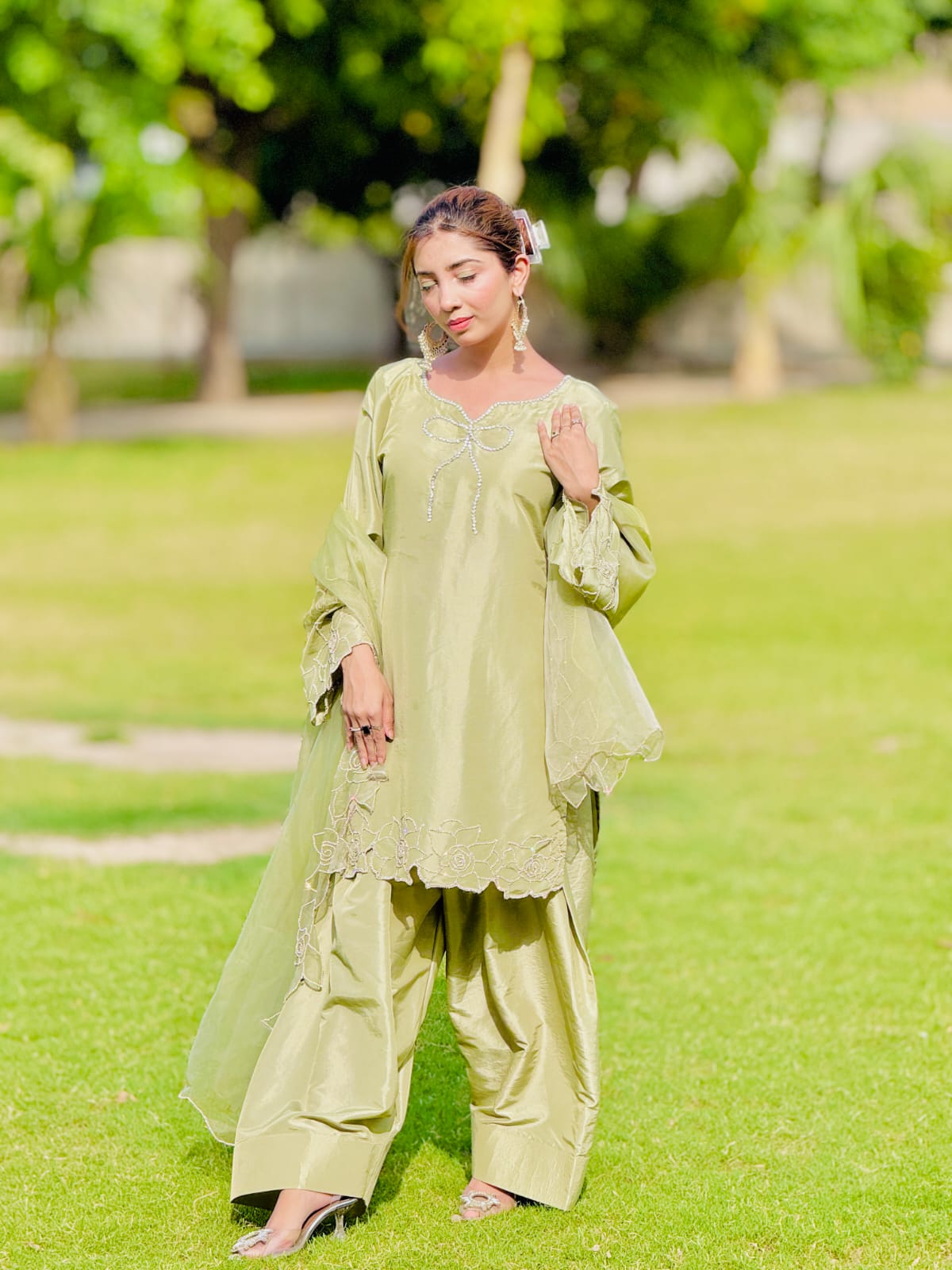 Sage Bloom - Embroidered Kataan Silk 3-Piece Suit in Sage Green by SEHZA