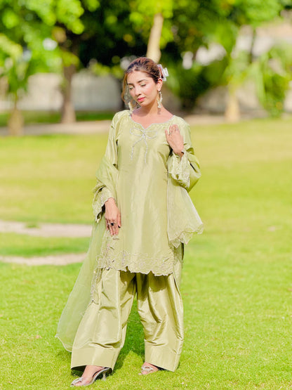 Sage Bloom - Embroidered Kataan Silk 3-Piece Suit in Sage Green by SEHZA