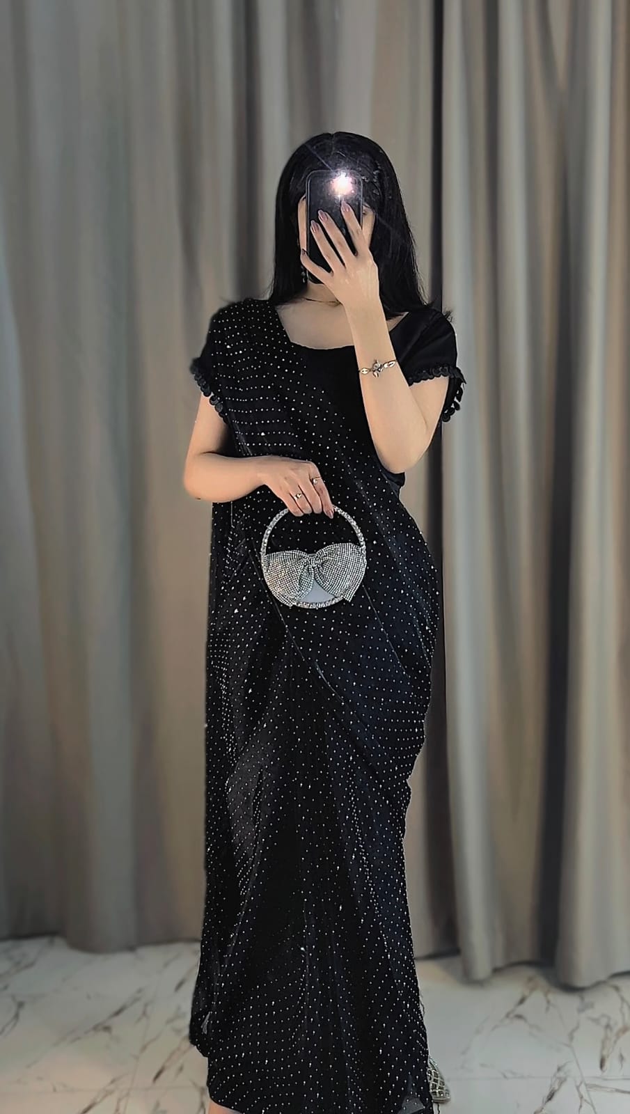 Midnight Glam - Stone-Studded Ready-to-Wear Silk Saree in Black by SEHZA