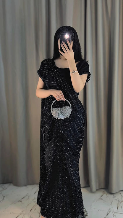 Midnight Glam - Stone-Studded Ready-to-Wear Silk Saree in Black by SEHZA