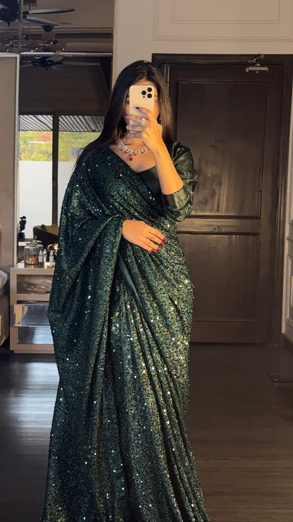 Zarlish - Sequined Ready-to-Wear Saree in Green by SEHZA