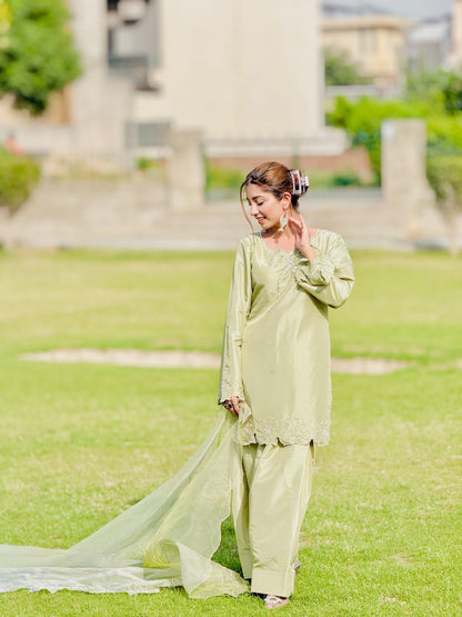 Sage Bloom - Embroidered Kataan Silk 3-Piece Suit in Sage Green by SEHZA