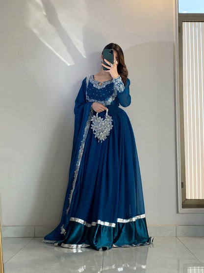 Zoya - Embroidered Chiffon Anarkali Set with Potli Bag in Teal Blue by SEHZA