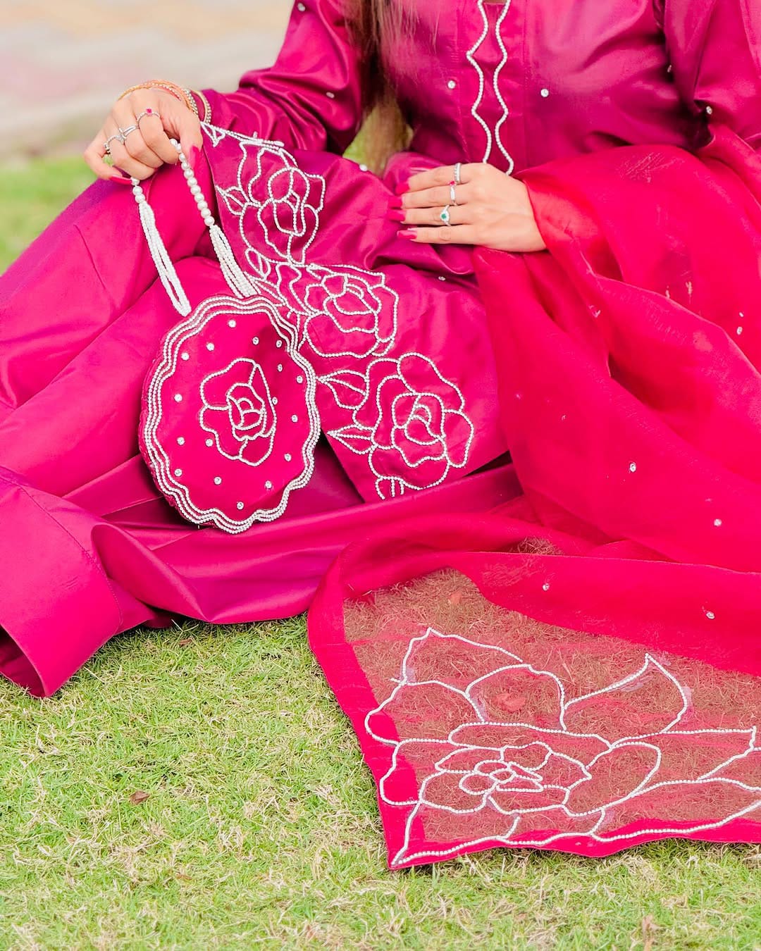 Rosa Crimson - White Embroidered Kataan Silk 4-Piece Suit by SEHZA