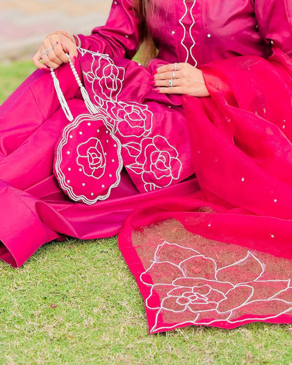 Rosa Crimson - White Embroidered Kataan Silk 4-Piece Suit by SEHZA