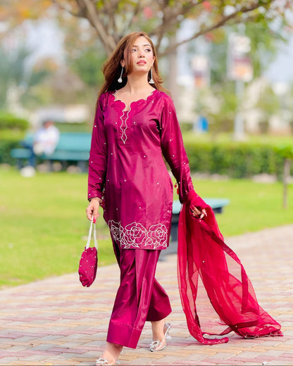 Rosa Crimson - White Embroidered Kataan Silk 4-Piece Suit by SEHZA
